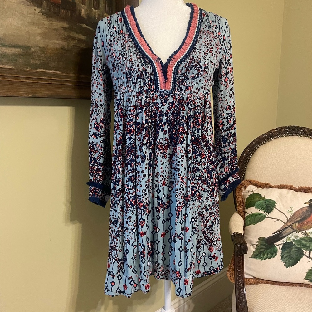Poupette St. Barth Red and Blue V-Neck Long Sleeve Dress